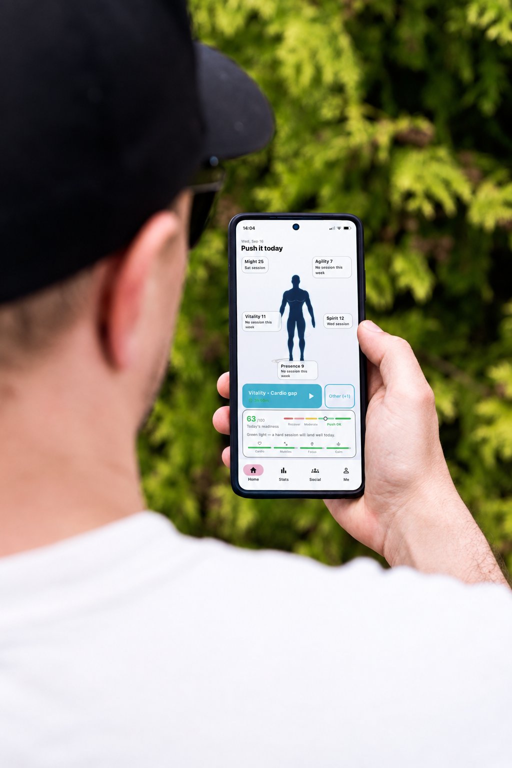 Person holding a phone with the Forjum home screen: five stats, suggested session and readiness score