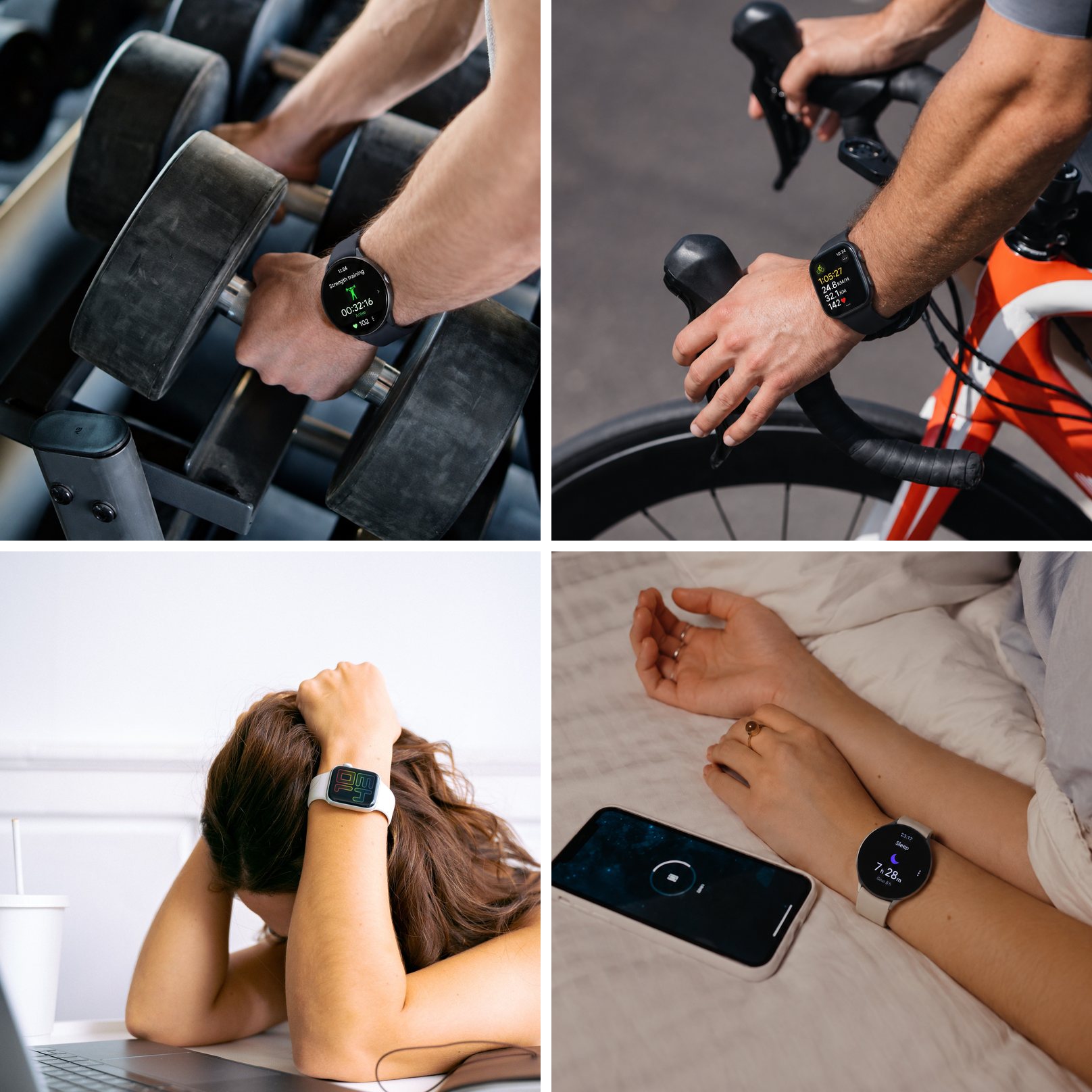 Four everyday moments tracked by a smartwatch: strength training with a Wear OS watch, cycling with an Apple Watch, a stressful moment at the desk, and a night's sleep logged on a Wear OS watch